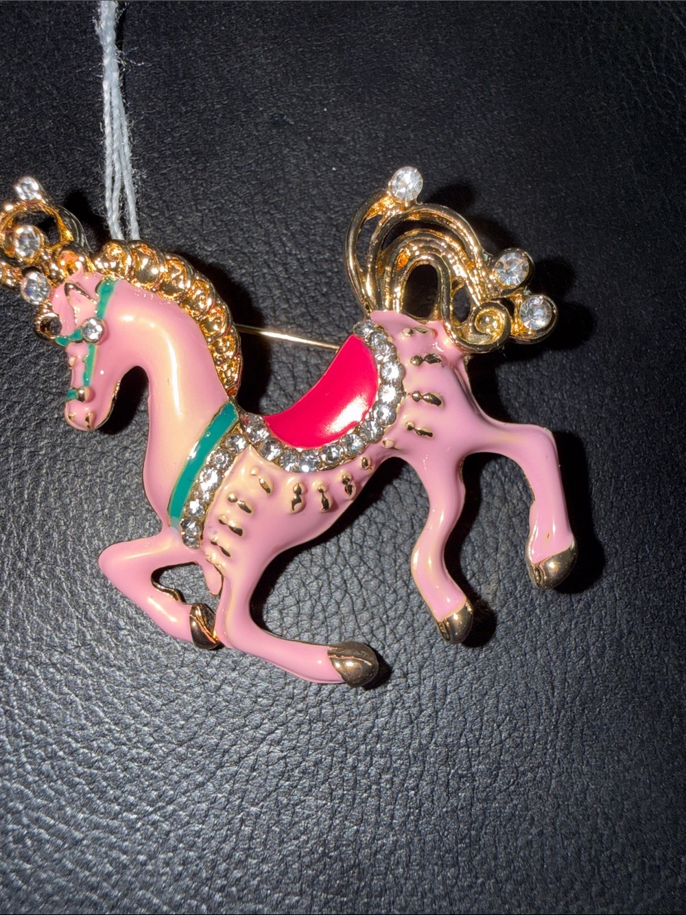 Pink Carousel Horse Brooch with Crystal Accents